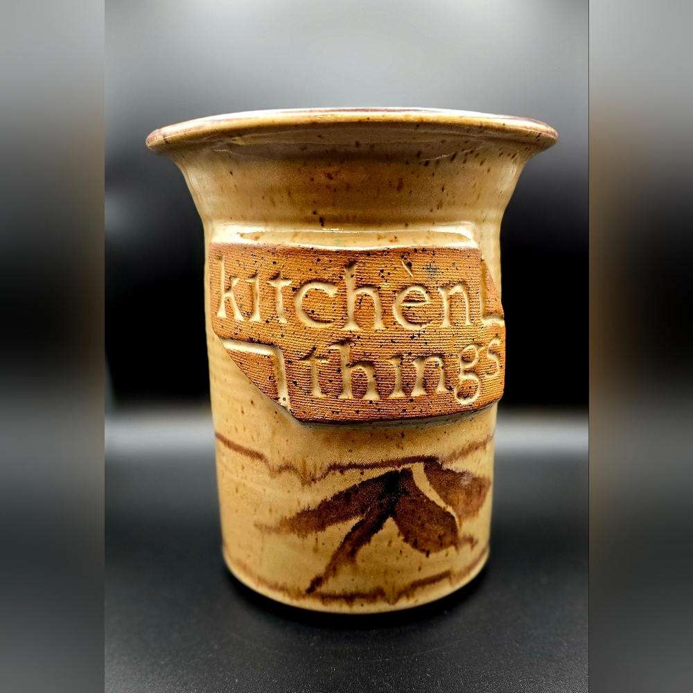Studio Pottery Kitchen Utensil Holder Crock Signed